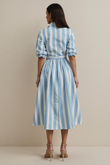 Striped A Line Blue Work Dress with Sash